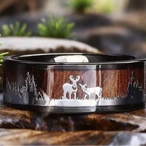 Deer Design Black and Brown Mens Band Ring